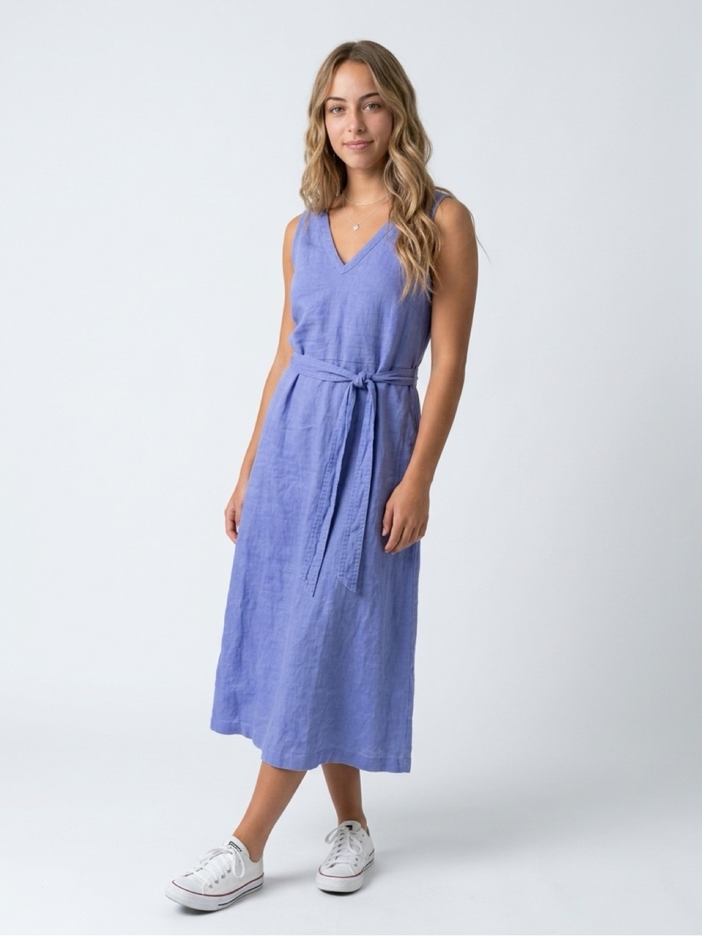 NWT Nicole Miller Womens Blue 100% Linen A-Line V-Neck Pockets Midi size 6